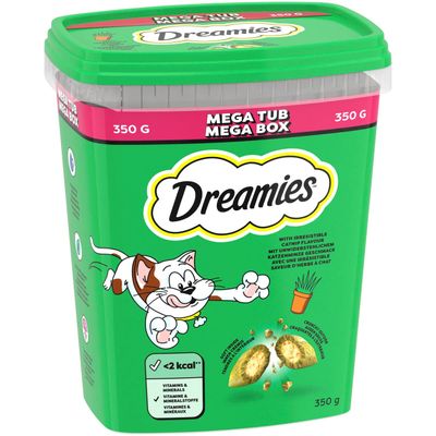Dreamies Mega Pack, 180g, Dreamies, 60g orange and blue. Text: Explore all our irresistible treats.