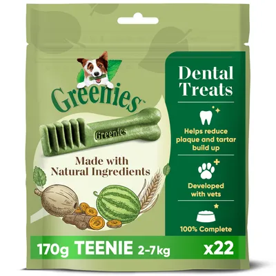 Greenies dental treats, made with natural ingredients, 170g pack for 2-7kg pets. Helps reduce plaque and tartar, developed with vets, 100% complete, contains 22 treats.