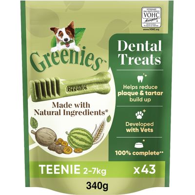 Greenies dental treats, made with natural ingredients, helps reduce plaque and tartar, developed with vets, 100% complete, teenie size for 2-7kg, pack of 43, 340g.