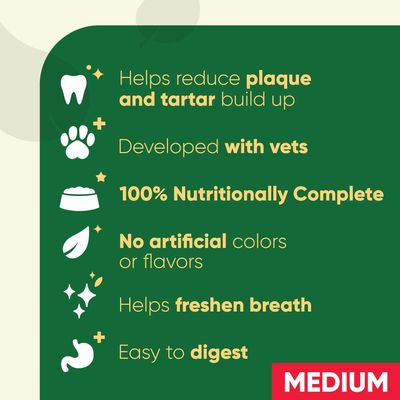 Helps reduce plaque and tartar, developed with vets, 100% nutritionally complete, no artificial colours or flavours, helps freshen breath, easy to digest. Medium size.