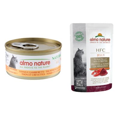 Boîte de 70 g Almo Nature HFC, thon de l’Atlantique, avec texte 'ALL PROFITS TO THE PLANET' et image d’un chat sur l’étiquette.