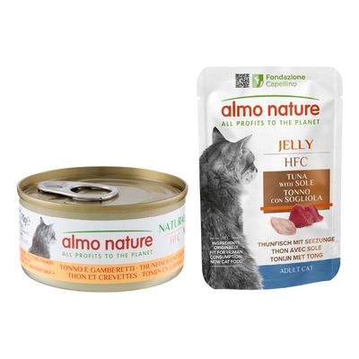 almo nature HFC Jelly Filete de atún con langosta, lata y sobre, inscripción: Todos los beneficios para el planeta, Gato adulto, 100% de los beneficios para la naturaleza.