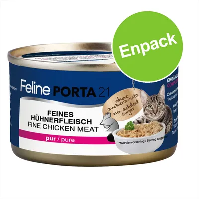 Feline Porta 21 kattmatburk, Feines Hühnerfleisch Fine Chicken Meat, pur/pure. Text: ohne zuckerzusatz no added sugar. Grön cirkel med texten Enpack.