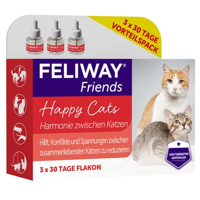 Feliway Friends Happy Cats, förpackning med 3 x 30-dagarsflaskor. Hjälper till att minska konflikter och spänningar mellan katter som bor tillsammans. Rekommenderas av veterinärer.