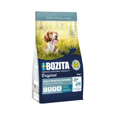 Bozita Adult Sensitive агнешко и ориз, 400g, без пшеница, за чувствително храносмилане. Произведено в Швеция, естествено качество от 1903.
