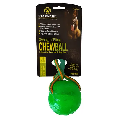 Starmark Swing n’ Fling Chewball, interaktivna igrača za gibanje in nego zob. Velikost medium, skoraj neuničljiva, primerna za metanje, vlečenje, skakanje in plavanje.