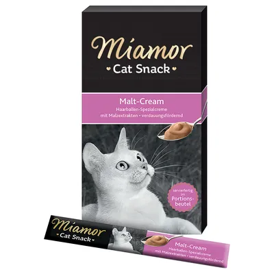 Miamor Cat Snack Malt-Cream, Haarballen-Spezialcreme mit Malzextrakten, verdauungsfördernd. Ambalaj cu imagine de pisică și plic porționat. Text în germană. Miamor Cat Snack Malt-Cream, Haarballen-Spezialcreme mit Malzextrakten, verdauungsfördernd. Ambalaj cu imagine de pisică și plic porționat. Text în germană.