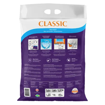 Kissan hiekka, pakkauksessa teksti: CLASSIC Unscented. Kuvitettu käyttöohje ja ominaisuudet: hajunhallinta, kova paakkuuntuminen, pölytön. Näkyvissä myös ohjeita englanniksi ja ranskaksi.