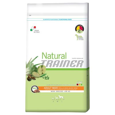 Sac Natural Trainer Adult Maxi poulet, riz, aloe vera, pour chiens de grande taille >30 kg. Texte visible : Made in Italy, alimento funzionale, functional food.