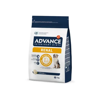 Advance Veterinary Diets Renal kutyatáp, 3 kg-os csomag. Felirat: For dogs with renal insufficiency. Kutya képe a csomagoláson.