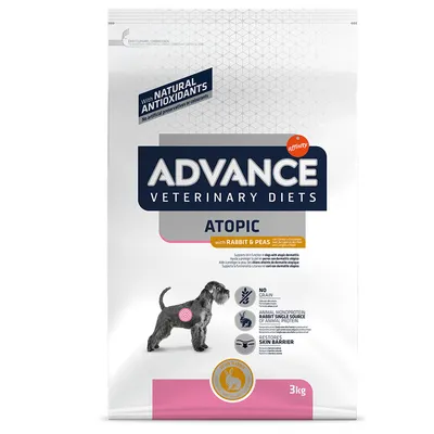 ADVANCE VETERINARY DIETS ATOPIC with RABBIT & PEAS, NO GRAIN, RESTORES SKIN BARRIER, 3 kg. Vyobrazený pes a text: s přírodními antioxidanty, affinity.