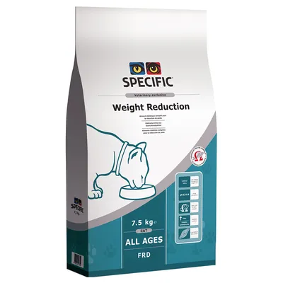 Упаковка корма для кошек SPECIFIC Weight Reduction, 7,5 кг, для всех возрастов, маркировка FRD. Видны пиктограммы и надписи на английском языке.