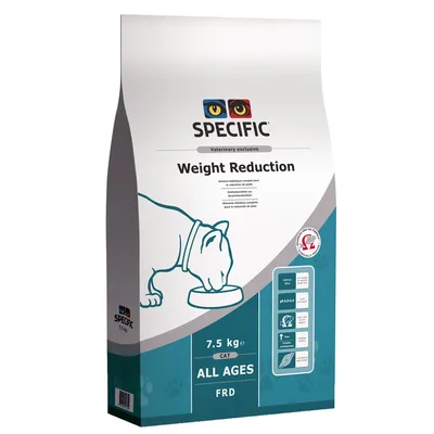 Sac de croquettes SPECIFIC Weight Reduction pour chat, 7,5 kg, toutes tranches d’âge, FRD. Illustration de chat mangeant, informations nutritionnelles et pictogrammes visibles sur l’emballage.