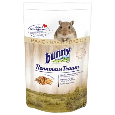 Bunny Nature RennmausTraum BASIC -pussi, jossa gerbiili ja tekstiä: 34 komponenttia, Heimchen & Mehlwürmer, Hirse, Kräuter. Pakkaus sisältää kuvaa ruoasta.