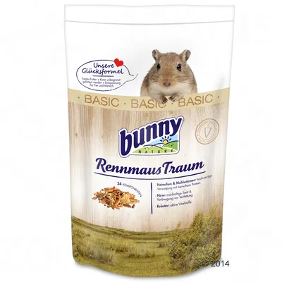 Bunny Nature RennmausTraum -pussi, jossa gerbiili. Teksti: 34 komponenttia, BASIC, Unsere Glücksformel, Heimchen & Mehlwürmer, Hirse, Kräuter. Saksankielistä tuotetietoa.