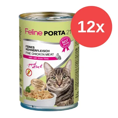 Feline Porta 21 carne de pollo fina con aloe vera, sin azúcar añadido, Best Seller, 12x lata. Sugerencia de presentación con motivo de gato.