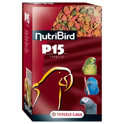 NutriBird P15 tropical von Versele-Laga. Verpackung mit Abbildungen von Papageien und buntem Vogelfutter.