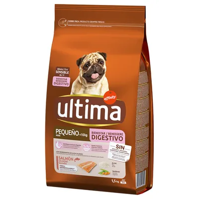 Ultima Mini <10kg karma dla psów z łososiem, ryżem i warzywami. Dla wrażliwego trawienia. Bez dodatku cukru. Opakowanie: 1,5 kg.