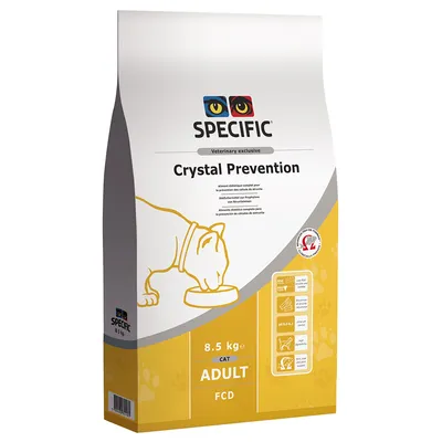 Упаковка корма для кошек SPECIFIC Crystal Prevention, 8,5 кг, Adult FCD. Видны пиктограммы и надписи: Veterinary exclusive, CAT, шкала pH 6,0–6,4.