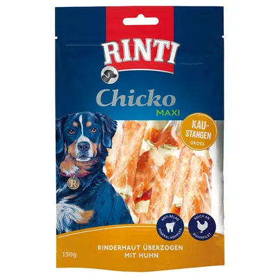 Rinti Chicko Maxi duże pałeczki do żucia, skóra wołowa pokryta kurczakiem, 150g. Kompleks mineralny przeciw osadom, bogate w filet z kurczaka.