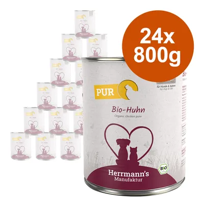 Herrmann's Manufaktur Bio-Huhn PUR, 24 x 800g conserve pentru câini și pisici. Produs bio certificat cu motiv inimă pe ambalaj.