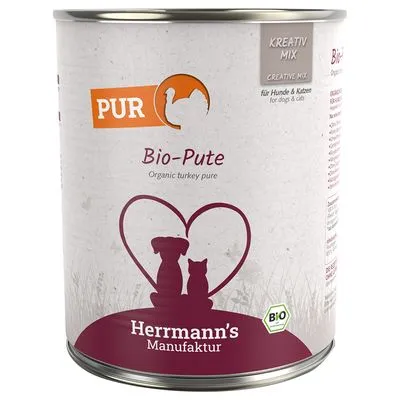 Herrmann's Manufaktur Bio-Pute, PUR, Kreativ Mix, voor honden & katten. BiO-keurmerk zichtbaar op het blik. Herrmann's Manufaktur Bio-Pute, PUR, Kreativ Mix, voor honden & katten. BiO-keurmerk zichtbaar op het blik.