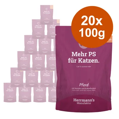 Herrmann's Manufaktur Katzenfutter, Sorte Pferd mit Karotte und Kokosflocken. Packungsgrösse: 20 x 100g. Text: Mehr PS für Katzen. Herrmann's Manufaktur Katzenfutter, Sorte Pferd mit Karotte und Kokosflocken. Packungsgrösse: 20 x 100g. Text: Mehr PS für Katzen.