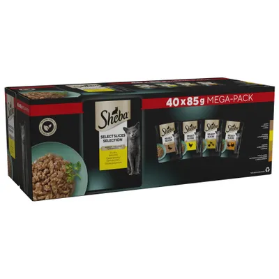 Sheba Select Slices Selection mega-pack, 40 x 85g pouches. Visible pouch varieties include poultry and fish options. Product packaging shows food image and selection details.