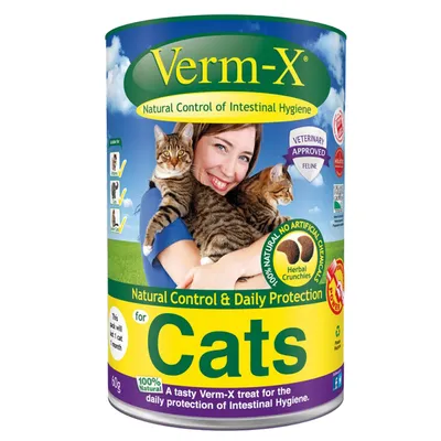 Verm-X Natural Control of Intestinal Hygiene for Cats, 60 g. Teksti: 100 % natural, no artificial, herbal crunchies, veterinary approved feline. Kaksi kissaa henkilön sylissä pakkauksessa. Verm-X Natural Control of Intestinal Hygiene for Cats, 60 g. Teksti: 100 % natural, no artificial, herbal crunchies, veterinary approved feline. Kaksi kissaa henkilön sylissä pakkauksessa.
