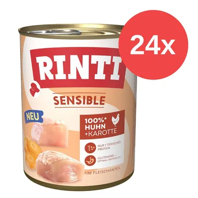 Rinti Sensible cibo umido, 24x lattina, 100% pollo + carota, solo 1 proteina animale, senza glutine, altamente digeribile, nuova percentuale di carne.