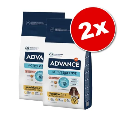 Lot de 2 sacs Advance Active Defense Sensitive Care Medium-Maxi +10 kg, prébiotiques, probiotiques, fibres, image d’un chien sur l’emballage, texte en anglais et français visible.