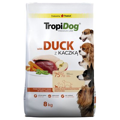 TropiDog Adult Small Breeds s kachnou a rýží, 8 kg. Vlastnosti: péče o zuby, komplex pro kůži, síla a vitalita. Premium Quality.