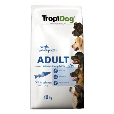 TropiDog Adult, Single Animal Protein, за средни и големи породи, с високо съдържание на сьомга и ориз, 12 кг. Характеристики: грижа за зъбите, комплекс за кожа, сила и жизненост. TropiDog Adult, Single Animal Protein, за средни и големи породи, с високо съдържание на сьомга и ориз, 12 кг. Характеристики: грижа за зъбите, комплекс за кожа, сила и жизненост.
