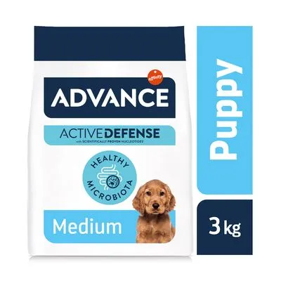 ADVANCE ACTIVEDEFENSE Puppy Medium, 3 kg. Tekst: Healthy Microbiota. Hondenvoerzak met blauwe accenten en afbeelding van een pup.