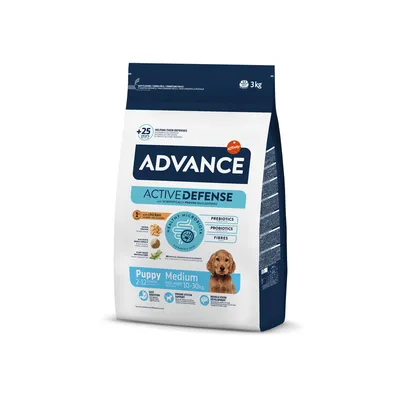 Advance Active Defense Puppy Medium, 3kg, s kuřecím, pro psy od 2 do 12 měsíců a 10–30 kg. Obsahuje prebiotika, probiotika a vlákninu na podporu imunitního systému.