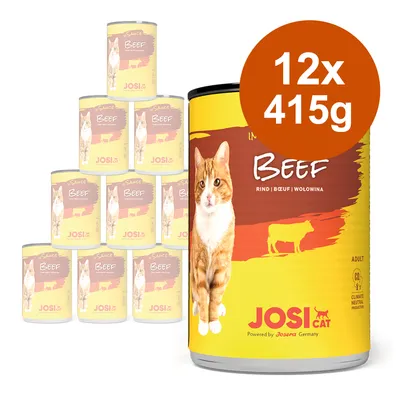 Lot de 12 boîtes JosiCat Sauce Beef pour chat adulte, 415 g chacune. Texte visible : BEEF, RIND | BOEUF | WOLOWINA, JosiCat, Powered by Josera Germany.