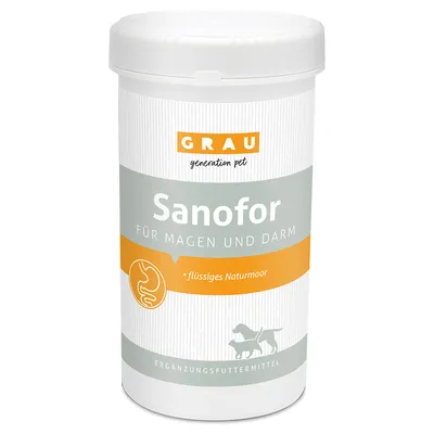 GRAU Sanofor flytande naturtorv, fodertillskott för mage och tarm. Förpackning visar hund- och kattsymbol.