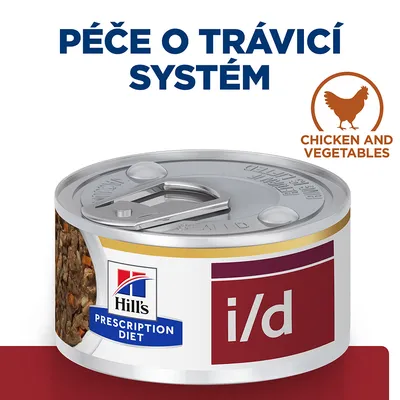 Hill's Prescription Diet i/d konzerva, text: Péče o trávicí systém, Chicken and vegetables. Viditeľné kúsky mäsa a zeleniny na etikete.
