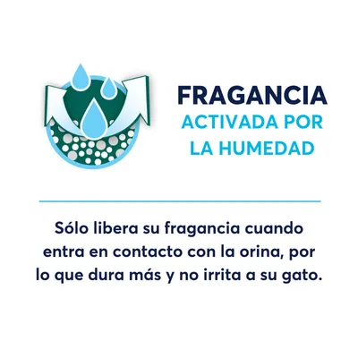 Fragancia activada por la humedad. Sólo libera su fragancia cuando entra en contacto con la orina, por lo que dura más y no irrita a su gato.