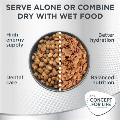 Immagine con ciotola divisa tra crocchette e cibo umido, testo in inglese: serve alone or combine dry with wet food, high energy supply, dental care, better hydration, balanced nutrition. Concept for Life.