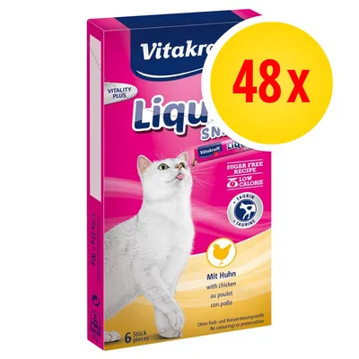 Vitakraft Liquid Snack con pollo, ricetta senza zucchero, low calorie, con taurina. Confezione da 6 pezzi, immagine di un gatto bianco e scritta gialla '48x' in evidenza.