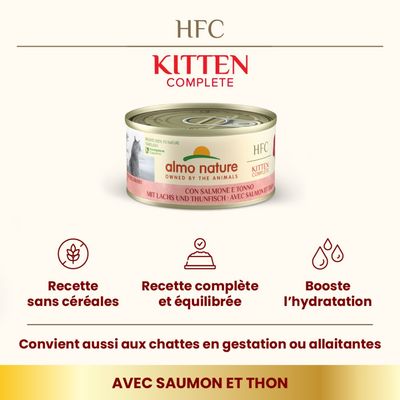 Almo Nature HFC Kitten Complete, au saumon et thon, 24x boîtes. Profits 100% reversés à la nature via Fondazione Capellino.