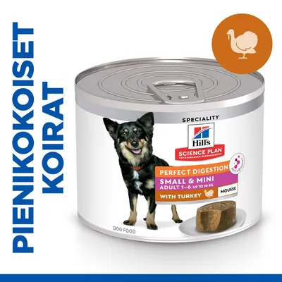 Hill's Science Plan Perfect Digestion Small & Mini Adult 1–6 with Turkey -koiranruokapurkki, etiketti ja teksti: PIENIKOKOISET KOIRAT, kalkkunasymboli, mousse-annos lautasella. Hill's Science Plan Perfect Digestion Small & Mini Adult 1–6 with Turkey -koiranruokapurkki, etiketti ja teksti: PIENIKOKOISET KOIRAT, kalkkunasymboli, mousse-annos lautasella.