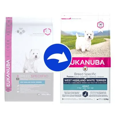 Eukanuba Breed Specific hundfoder för West Highland White Terrier, bild på två olika förpackningar och blå pil som visar förändring av design. Synlig text: ADULT, 2,5 kg. Eukanuba Breed Specific hundfoder för West Highland White Terrier, bild på två olika förpackningar och blå pil som visar förändring av design. Synlig text: ADULT, 2,5 kg.