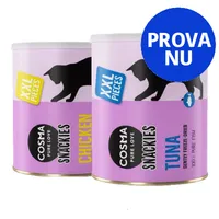 Två burkar Cosma Snackies XXL Pieces, smaker Chicken och Tuna. Text på blå cirkel: PROVA NU.