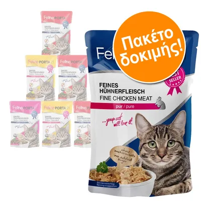 Δοκιμαστικό πακέτο Feline Porta 21 με φακελάκια υγρής τροφής για γάτες. Ορατό κείμενο: FEINES HÜHNERFLEISCH FINE CHICKEN MEAT, χωρίς προσθήκη ζάχαρης, Πακέτο δοκιμής!