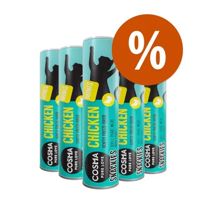Cosma Pure Love Snackies Chicken Minis, 100% pure hús, gently freeze-dried. Több csomag, narancssárga százalékos akciójelzés a képen.