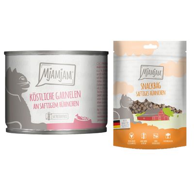 MjAMjAM Kombi-Paket: 12 x 200 g Nassfutter + 3 x 125 g Snackbag saftiges Hühnchen - köstliche Garnelen an saftigem Hühnchen 12 x 200 g + Snackbag saftiges Hühnchen 3 x 125 g