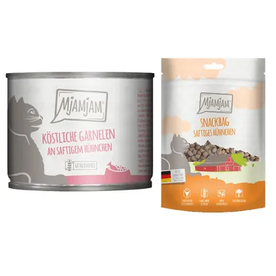 MjAMjAM Kombi-Paket: 12 x 200 g Nassfutter + 3 x 125 g Snackbag saftiges Hühnchen - köstliche Garnelen an saftigem Hühnchen 12 x 200 g + Snackbag saftiges Hühnchen 3 x 125 g