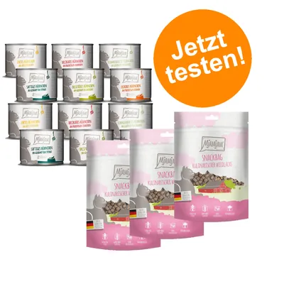 Mjamjam Nassfutterdosen und Snackbag mit kulinarischem Wildlachs. Orangefarbener Kreis mit Text 'Jetzt testen!'. Mjamjam Nassfutterdosen und Snackbag mit kulinarischem Wildlachs. Orangefarbener Kreis mit Text 'Jetzt testen!'.